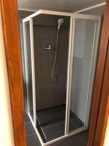een douche in een badkamer met een glazen deur bij Ferienhaus Herzblume in Cochem