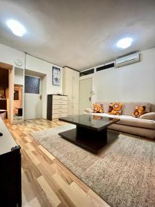 ein Wohnzimmer mit einem Sofa und einem Tisch in der Unterkunft Center House Hostel in Pristina