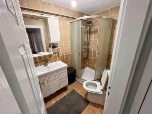 ein Bad mit einem WC, einem Waschbecken und einer Dusche in der Unterkunft 2 bedroom 5 bed peaceful calm full kitchen,all items available Luxury And relax in Istanbul