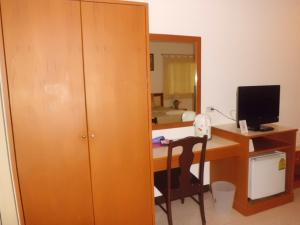 a room with a desk with a computer and a mirror at Tonwa Resort Hotel in Khon Kaen