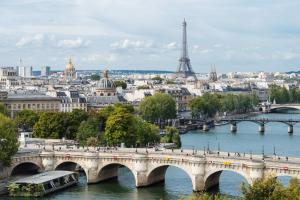 a city with a bridge and the eiffel tower at PARIS AUTHENTIC HOUSE Métro 14 Station Hôpital Bicêtre, RER B Gentilly in Paris
