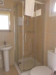a shower in a bathroom with a toilet and a sink at Whiteshell Chalets in The Mumbles