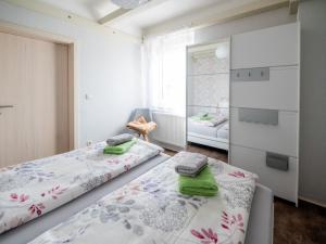 a bedroom with two beds and a mirror at Ferienwohnung Bär in Großräschen