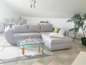 a living room with a couch and a coffee table at Ferienwohnung Am Rehwinkel in Fuldatal
