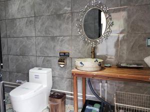 a bathroom with a toilet and a mirror at Billina Private Boutique Garden Cottage in Huairou