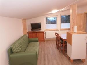 ein Wohnzimmer mit einem grünen Sofa und einem Tisch in der Unterkunft Ferienwohnung Göttsche-Hof in Hennstedt