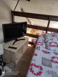 a bedroom with a bed and a flat screen tv at LES FONTANILLES odeillo chalet 60 WIFI & PARKING gratuit exposé plein sud & plein pied , draps & serviettes de toilettes non inclus, sabanas y toallas no incluidos in Font-Romeu-Odeillo-Via