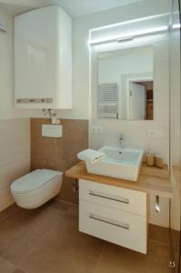 ein Badezimmer mit einem Waschbecken, einem WC und einem Spiegel in der Unterkunft Mein Appartement Nr.9 in Planneralm
