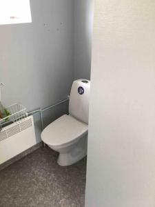 een badkamer met een wit toilet in een stal bij Sjöstugor med SPA i Höllviken in Höllviken