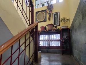 un pasillo con una escalera y una ventana con plantas en Shree Guest House, en McLeod Ganj