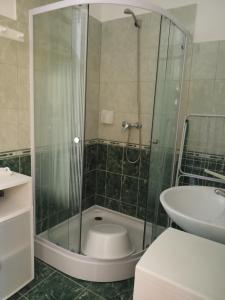 a bathroom with a shower and a toilet and a sink at Atlas Apartman in Bük