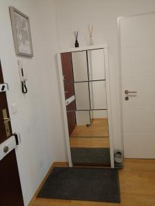 a hallway with a mirror and a door with a rug at Apartment Tesla in Vienna