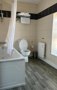 uma casa de banho com um WC, uma banheira e um lavatório. em Hotel Penwig em New Quay