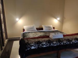 a bedroom with a bed with two pillows on it at Shree Guest House in McLeod Ganj