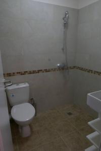a bathroom with a toilet and a shower and a sink at Charmful new flat with Hill view in Plovdiv
