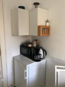 un forno a microonde seduto sopra un frigorifero di Stadtvilla-Apartment mit Parkblick und bester Verkehrsanbindung a Bremerhaven