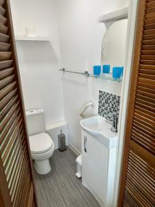 a white bathroom with a toilet and a sink at The Old Bakehouse in Colyton