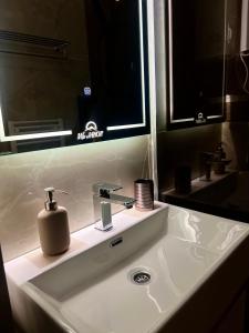 - un lavabo dans la salle de bains avec un distributeur de savon dans l'établissement Vila Jahor CozyPlace 28, à Jahorina
