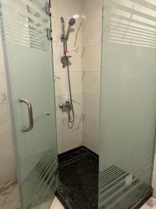 eine Dusche mit Glastür im Bad in der Unterkunft Regency Hotel Alexandria in Alexandria