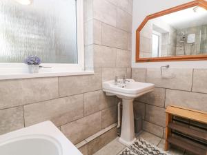 ein Badezimmer mit Waschbecken, Toilette und Spiegel in der Unterkunft Vigo Cottage in Tavistock + 16 Fotos