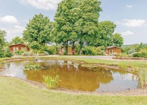 a pond in the middle of a yard with houses at Herons Brook Retreat Lodges in Narberth