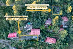an aerial view of the amazon woods parking lot upper floors at The Canadian Woods Resort in Nainital