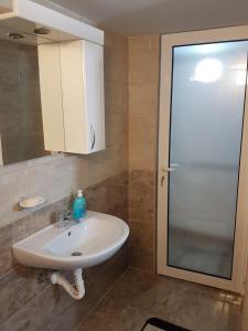La salle de bains est pourvue d'un lavabo et d'une douche. dans l'établissement Apartmani Most, à Trebinje