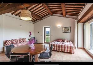 a living room with a table and a bed and a couch at Casettone di Torre Venturini in Civitella dʼAgliano +15 photos