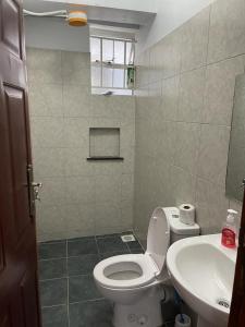 a bathroom with a toilet and a sink at Zoe Homes Country Cottages 1bedroom Green square in Kericho +3 photos