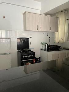 a kitchen with a stove and white cabinets at Zoe Homes Country Cottages 1bedroom Green square in Kericho
