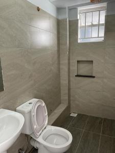 a bathroom with a toilet and a sink at Zoe Homes Country Cottages 1bedroom Green square in Kericho