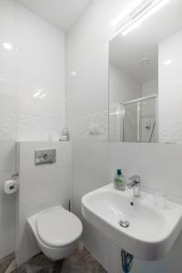 a white bathroom with a toilet and a sink at Zefiro Seredyńskiego in Gdańsk