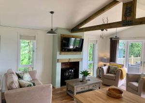 a living room with a couch and a table at Bluewood Lodges in Kingham