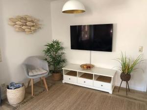 Fewo 3 في Nortorf: غرفة معيشة مع تلفزيون على جدار بالنباتات
