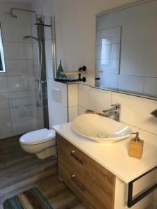 a bathroom with a sink and a toilet and a shower at Fewo 3 in Nortorf