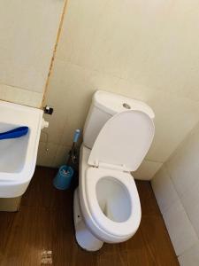 Łazienka z białą toaletą i umywalką w obiekcie STUDIO WITH PRIVATE ENTRANCE- WIFI w mieście Abudża