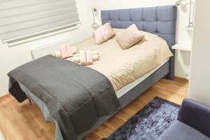 a bedroom with a bed with pink pillows on it at Silver Apartment in Pale