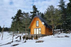una cabaña de madera en el bosque en la nieve en Planinska kuća "Soko' Romanija", en Pale