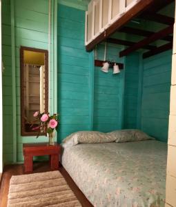 - une chambre avec des murs bleus, un lit et un miroir dans l'établissement Casa Lumière, à Bocas del Toro