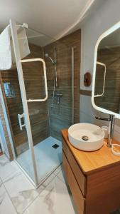 bagno con doccia, lavandino e servizi igienici di Chez Alice - Isigny le Buat a Isigny-le-Buat