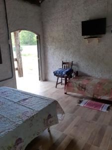Zimmer mit einem Bett, einem TV und einem Stuhl in der Unterkunft Fazenda Águas Claras in Mendes