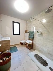 a bathroom with a shower and a toilet and a sink at BEL'ORIZONTE C, 100m des plages et vue mer in Propriano