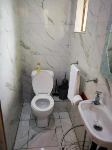 a white bathroom with a toilet and a sink at Logos Guest House in Pietermaritzburg