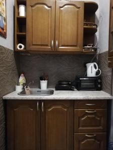 encimera de cocina con fregadero y microondas en Green Oaks Private Rooms with Private Shower en Klaipėda