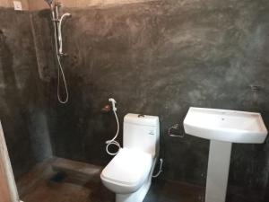a bathroom with a toilet and a sink at Randeniya Hena in Teldeniya