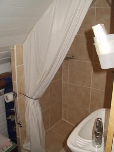 a shower curtain in a bathroom with a toilet at Chambre d'Hôtes de La Galaisière in Préaux