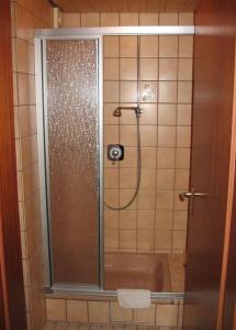 a shower with a glass door in a bathroom at Ferienwohnung-Talblick in Titisee-Neustadt