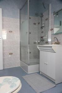 ein Bad mit einer Dusche, einem WC und einem Waschbecken in der Unterkunft La Rose des Sables maison de pêcheur de 7 pers. in Les Sables-dʼOlonne