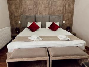una camera da letto con un letto grande con cuscini rossi di Hotel Mountain Mestia a Mestia