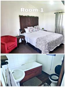 a bedroom with a bed and a bathroom with a room at Roes se Moes in Kestell